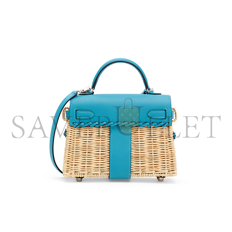 HERMÈS MASTER BLEU DU NORD SWIFT LEATHER & OSIER MINI PICNIC KELLY 20 WITH PALLADIUM HARDWARE (20*14*8cm)